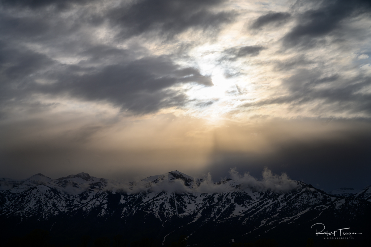 Grand Teton Range in snow near sunset